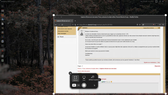 Capture de l'outil de capture d'écran de GNOME Shell Capture de l'outil de capture d'écran de GNOME Shell