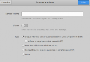 Écran 1 de la création d'une partition dans gnome-disks