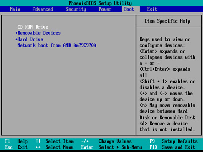 Interface de configuration du BIOS PhoenixBIOS. Dans cet exemple, le lecteur de CD-ROM a été déplacé en première position.