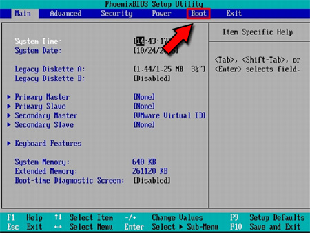 Interface principale de l'utilitaire de configuration du BIOS PhoenixBIOS. Le paramètre d'ordre d'amorçage se trouve dans le menu "Boot".