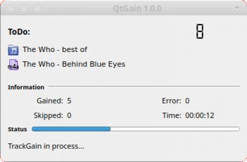 Fenêtre de QtGain en train de normaliser après un Drag&Drop de fichiers