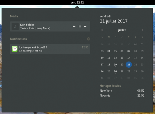 L'horloge et le centre de notifications, avec GNOME 3.22